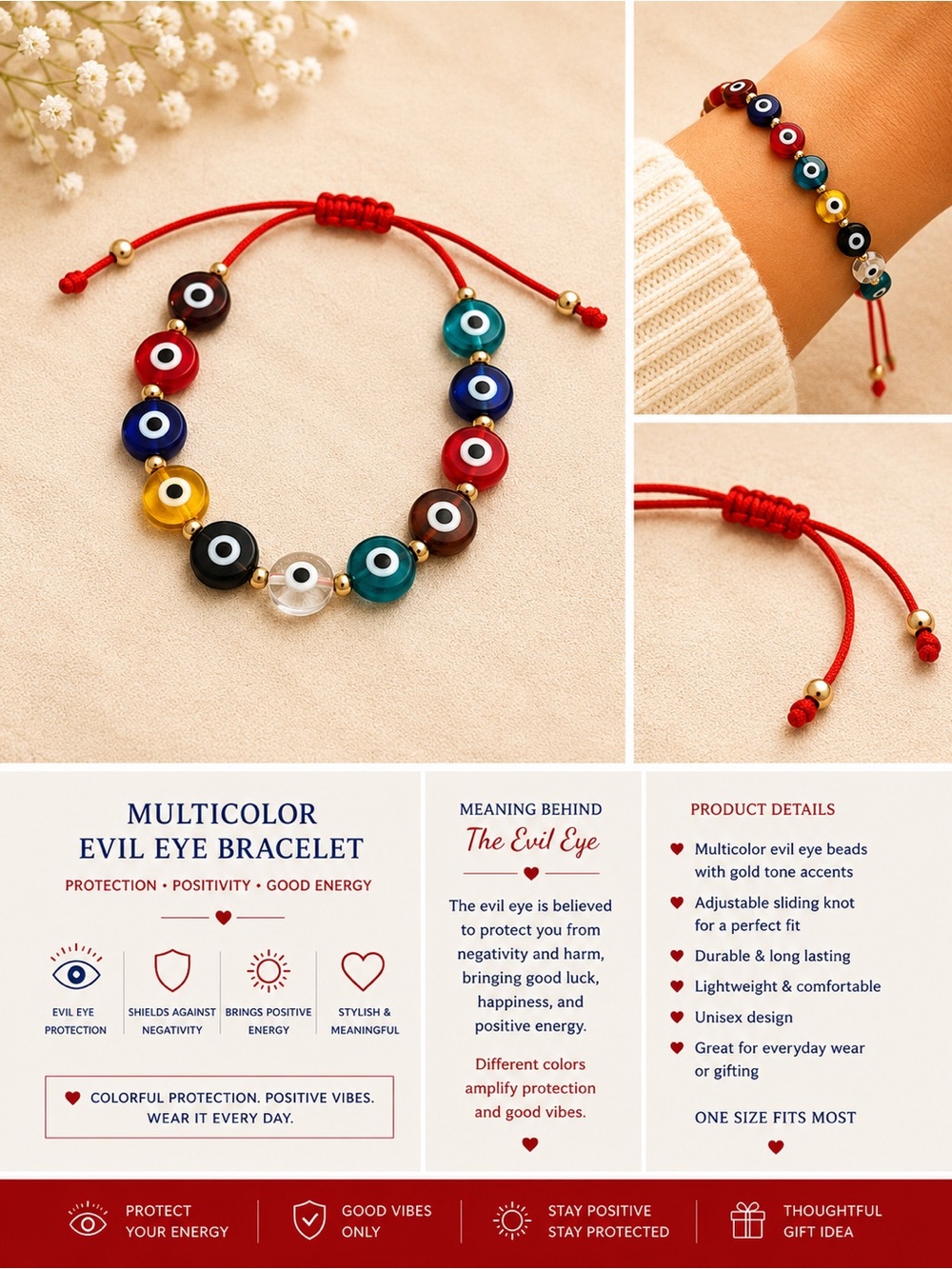Multicolor Evil Eye Bead Bracelet - Red Cord